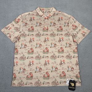 Burlebo Polo Shirt Mens XL Khaki Cowboy Western Rodeo Print Performance Golf NWT